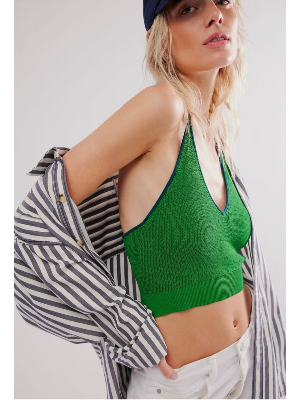 NWT Free People Knit Halter Top Green Contrast XS